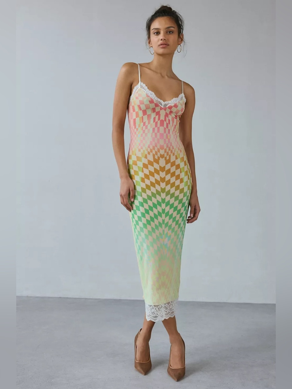 AFRM Multicolor Checkerboard Slip Midi Dress with Lace Trim